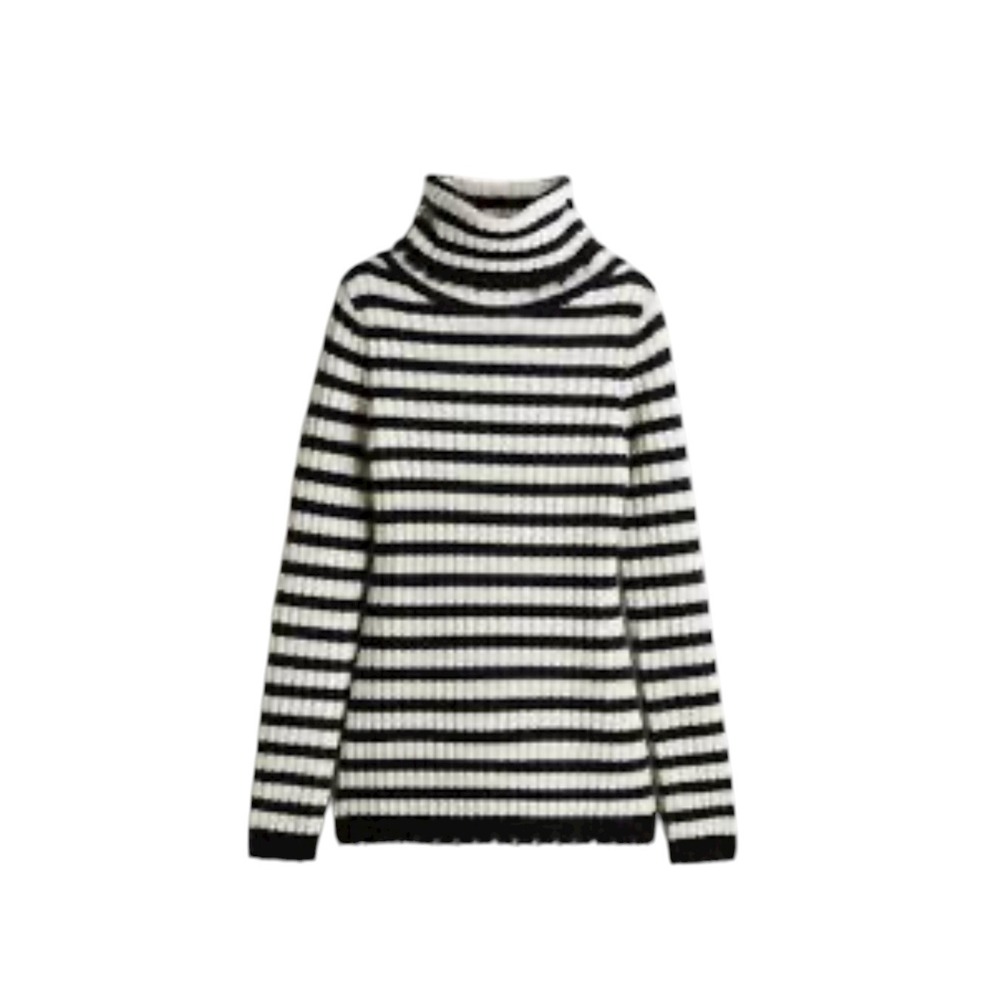 H&M Premium Rib-Knit Pure Wool Turtleneck Sweater L NWT Long Black White Striped